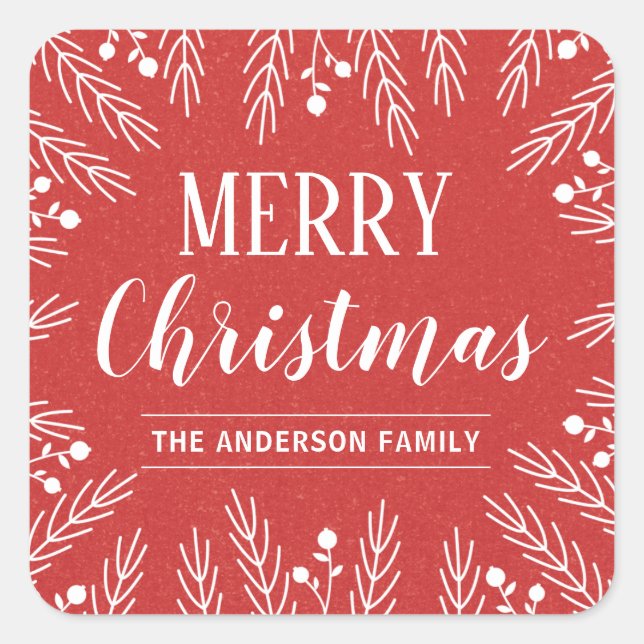 Personalized Red and White Foliage Merry Christmas Square Sticker (Front)