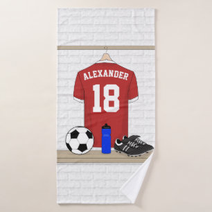 Personalized Red and White Football Soccer Jersey Bath Towel Set