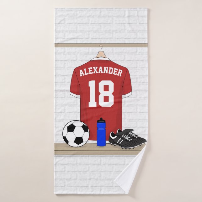 Personalized Red and White Football Soccer Jersey Bath Towel Set (Bath Towel)