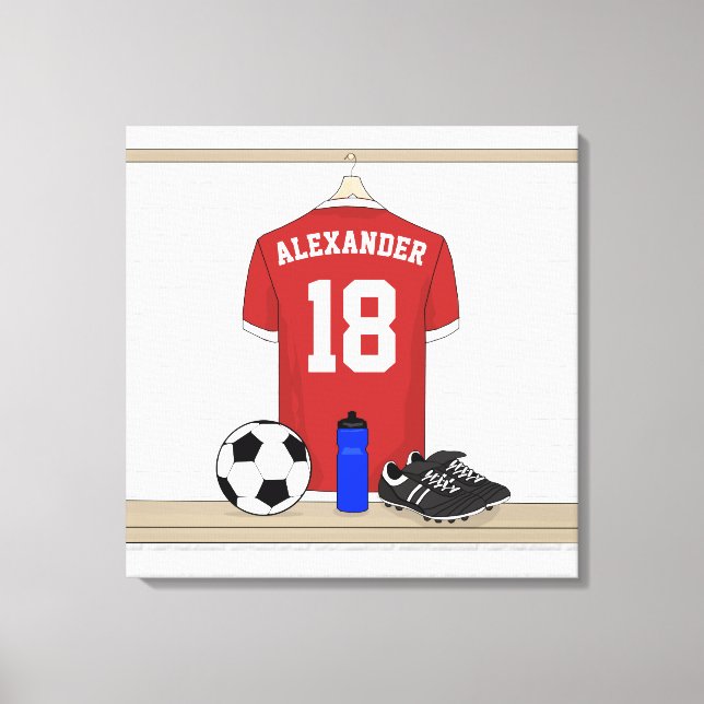 Personalized Red and White Football Soccer Jersey Canvas Print (Front)