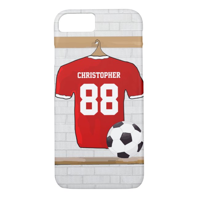 Personalized Red and White Football Soccer Jersey Case-Mate iPhone Case (Back)