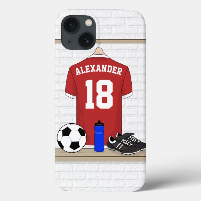 Personalized Red and White Football Soccer Jersey Case-Mate iPhone Case (Back)