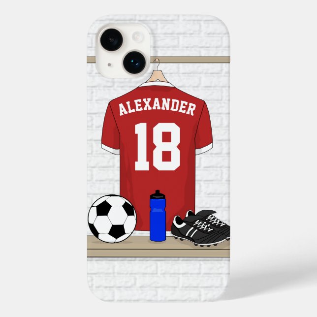 Personalized Red and White Football Soccer Jersey Case-Mate iPhone Case (Back)