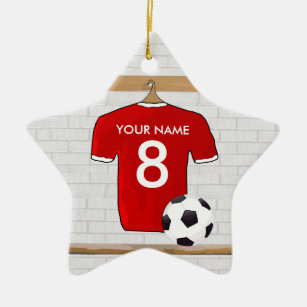 Personalized Red and White Football Soccer Jersey Ceramic Ornament