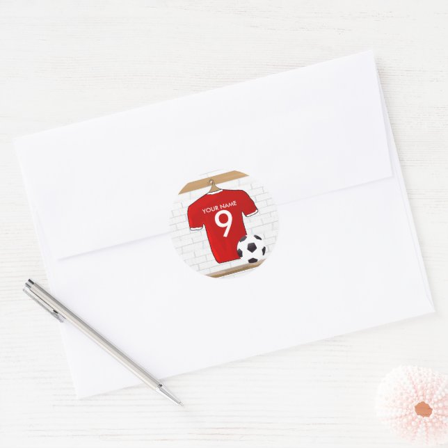 Personalized Red and White Football Soccer Jersey Classic Round Sticker (Envelope)