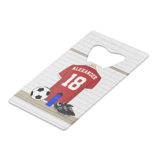 Personalized Red and White Football Soccer Jersey Credit Card Bottle Opener