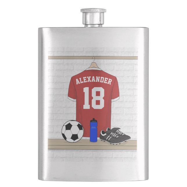 Personalized Red and White Football Soccer Jersey Hip Flask (Front)