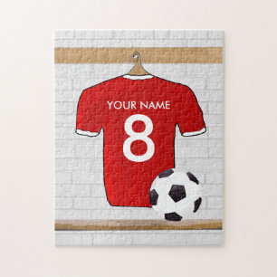Personalized Red and White Football Soccer Jersey Jigsaw Puzzle
