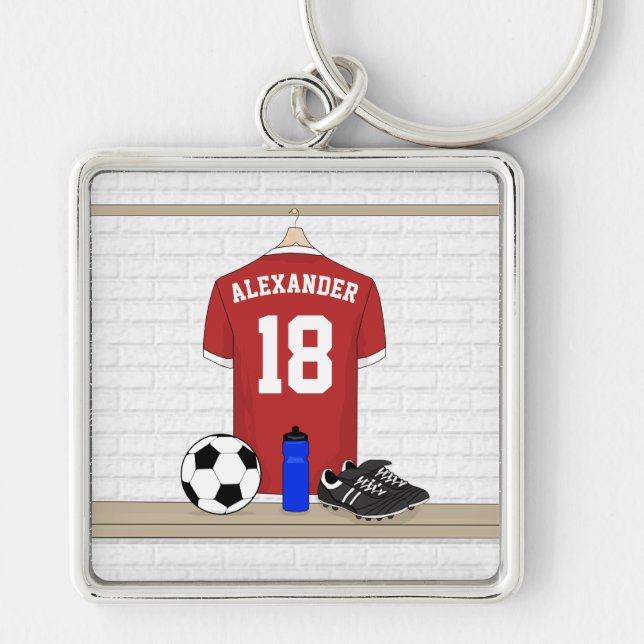 Personalized Red and White Football Soccer Jersey Keychain (Front)