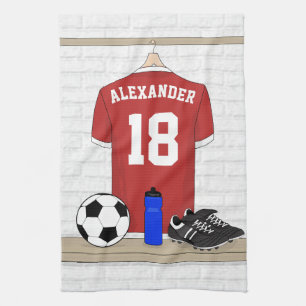 Personalized Red and White Football Soccer Jersey Kitchen Towel