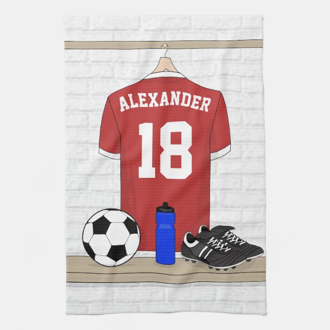 Personalized Red and White Football Soccer Jersey Kitchen Towel (Vertical)