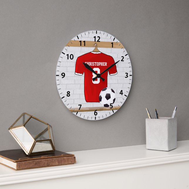 Personalized Red and White Football Soccer Jersey Large Clock (Office)