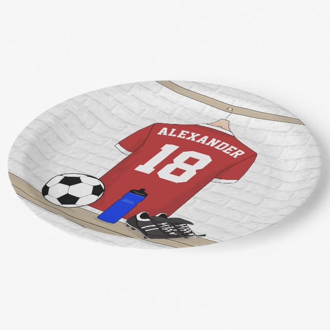 Personalized Red and White Football Soccer Jersey Paper Plate (Angled)