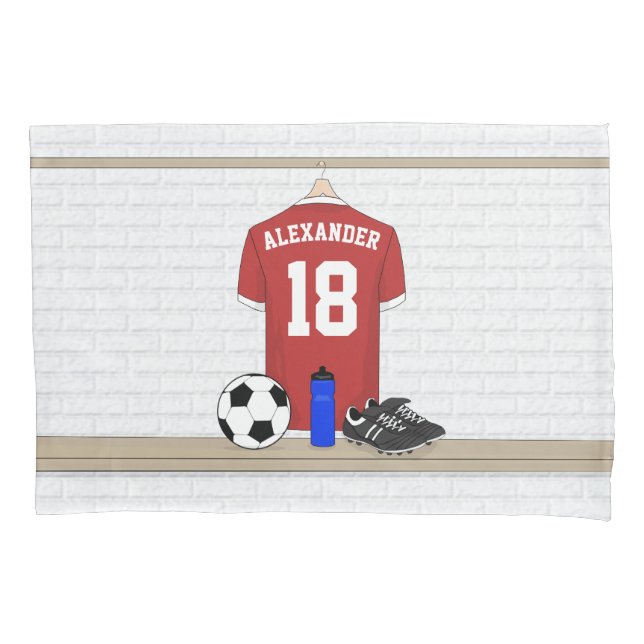 Personalized Red and White Football Soccer Jersey Pillowcase (Front)