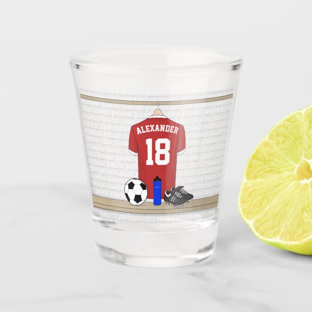 Personalized Red and White Football Soccer Jersey Shot Glass (Front)