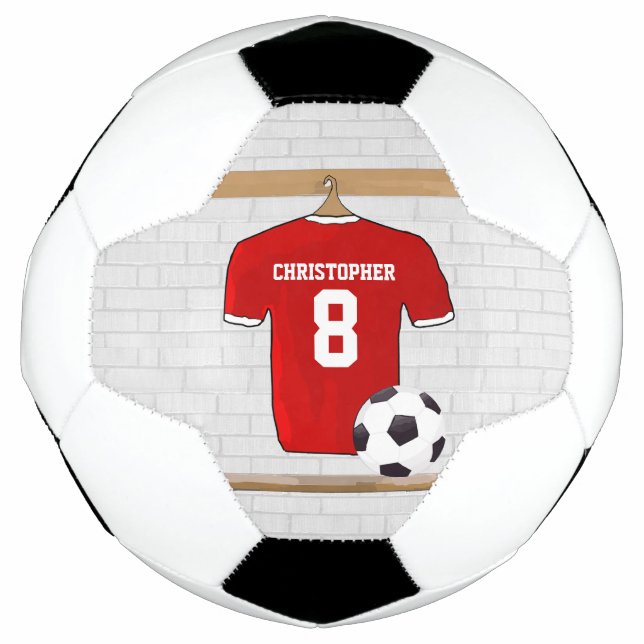 Personalized Red and White Football Soccer Jersey Soccer Ball (Front)