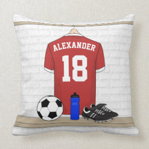 Personalized Red and White Football Soccer Jersey Throw Pillow