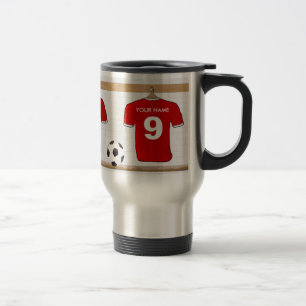Personalized Red and White Football Soccer Jersey Travel Mug