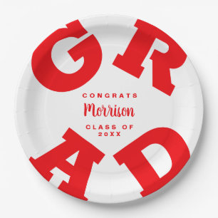 Personalized Red and White Graduation Paper Plate