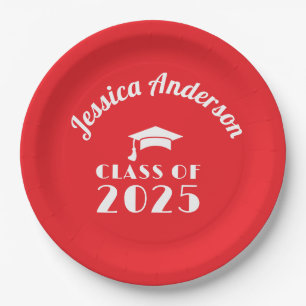 Personalized Red and White Graduation  Paper Plate