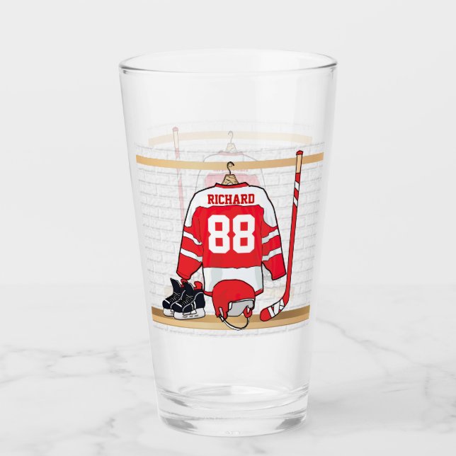 Personalized Red and White Ice Hockey Glass (Front)