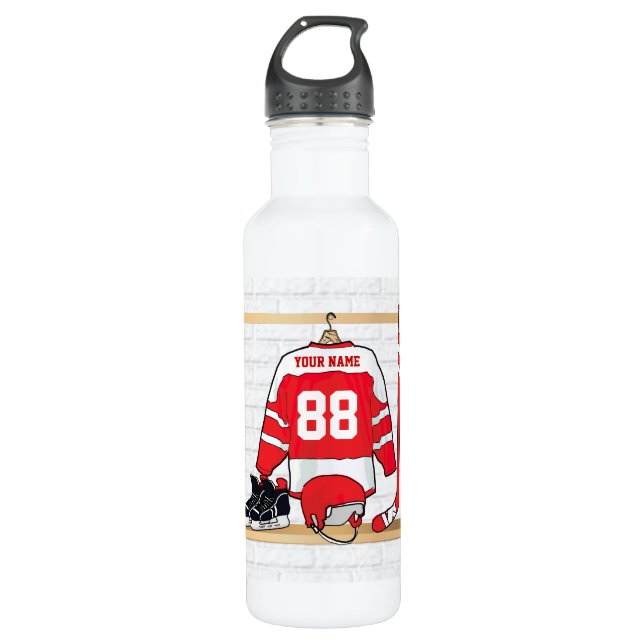 Personalized Red and White Ice Hockey Jersey 710 Ml Water Bottle (Front)