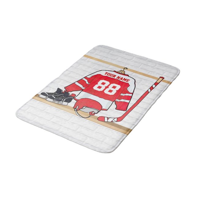 Personalized Red and White Ice Hockey Jersey Bath Mat (Angled)