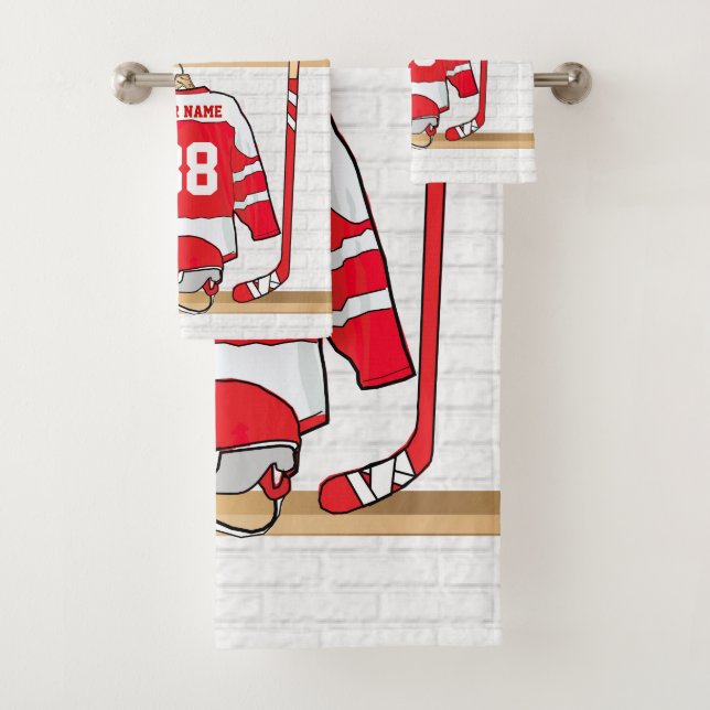 Personalized Red and White Ice Hockey Jersey Bath Towel Set (Insitu)