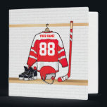 Personalized Red and White Ice Hockey Jersey Binder<br><div class="desc">A unique and fun sports design with a personalized ice hockey jersey hanging in a locker room with a helmet, ice skates and a hockey stick. The jersey can be fully personalized with the number and name of your choice to make a great gift for any ice hockey fan, ice...</div>
