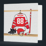 Personalized Red and White Ice Hockey Jersey Binder<br><div class="desc">A unique and fun sports design with a personalized ice hockey jersey hanging in a locker room with a helmet, ice skates and a hockey stick. The jersey can be fully personalized with the number and name of your choice to make a great gift for any ice hockey fan, ice...</div>
