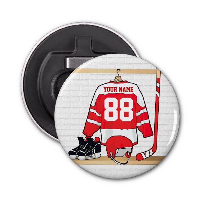 Personalized Red and White Ice Hockey Jersey Bottle Opener (Front)