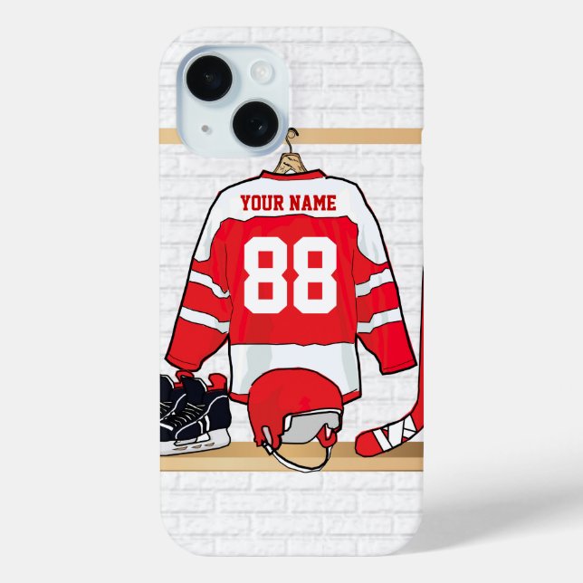 Personalized Red and White Ice Hockey Jersey Case-Mate iPhone Case (Back)