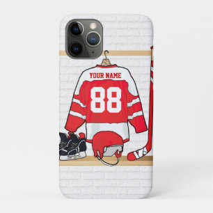 Personalized Red and White Ice Hockey Jersey iPhone 11 Pro Case
