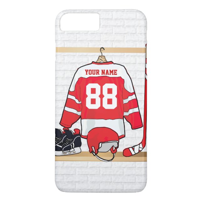 Personalized Red and White Ice Hockey Jersey Case-Mate iPhone Case (Back)
