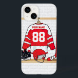 Personalized Red and White Ice Hockey Jersey Case-Mate iPhone 14 Case<br><div class="desc">A unique and fun sports design with a personalized ice hockey jersey hanging in a locker room with a helmet, ice skates and a hockey stick. The jersey can be fully personalized with the number and name of your choice to make a great gift for any ice hockey fan, ice...</div>