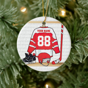 Personalized Red and White Ice Hockey Jersey Ceramic Ornament