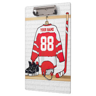 Personalized Red and White Ice Hockey Jersey Clipboard
