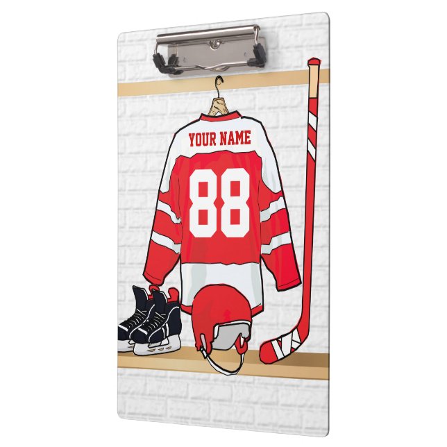 Personalized Red and White Ice Hockey Jersey Clipboard (Left)