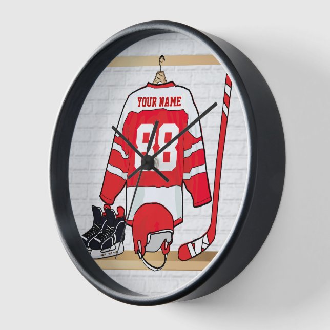Personalized Red and White Ice Hockey Jersey Clock (Angle)