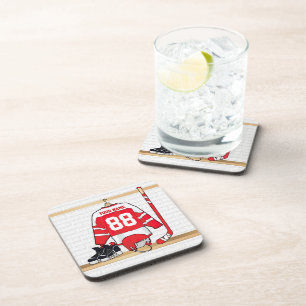 Personalized Red and White Ice Hockey Jersey Coaster