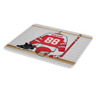 Personalized Red and White Ice Hockey Jersey Cutting Board