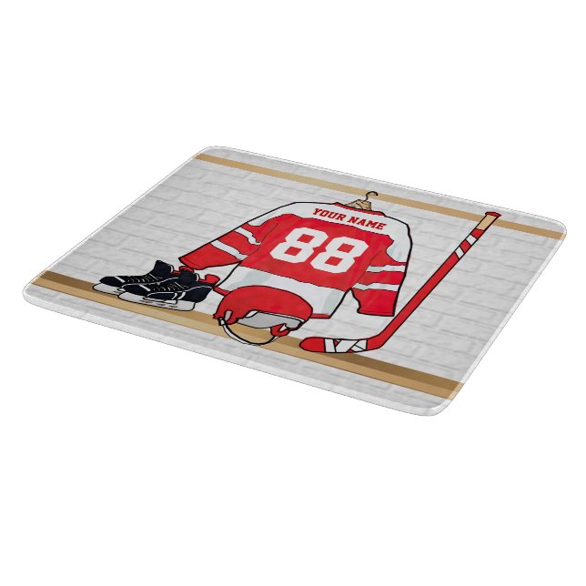 Personalized Red and White Ice Hockey Jersey Cutting Board (Corner)