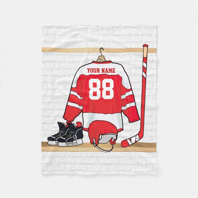 Personalized Red and White Ice Hockey Jersey Fleece Blanket (Front)