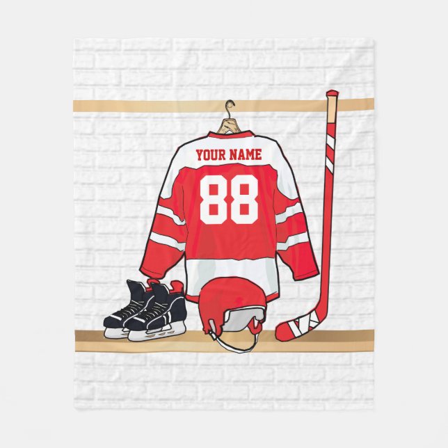 Personalized Red and White Ice Hockey Jersey Fleece Blanket (Front)