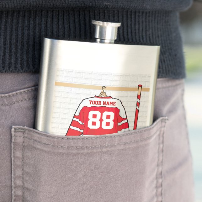 Personalized Red and White Ice Hockey Jersey Hip Flask (In Situ)