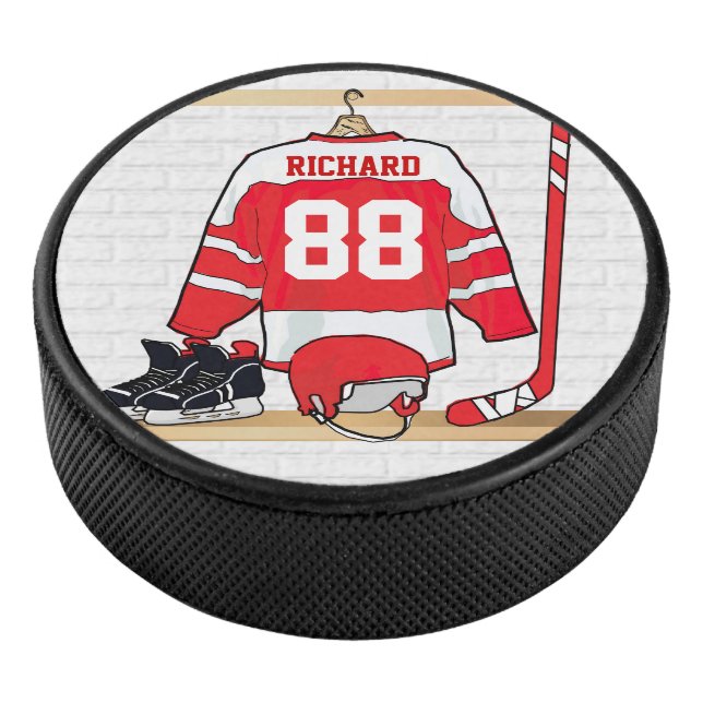 Personalized Red and White Ice Hockey Jersey Hockey Puck (3/4)