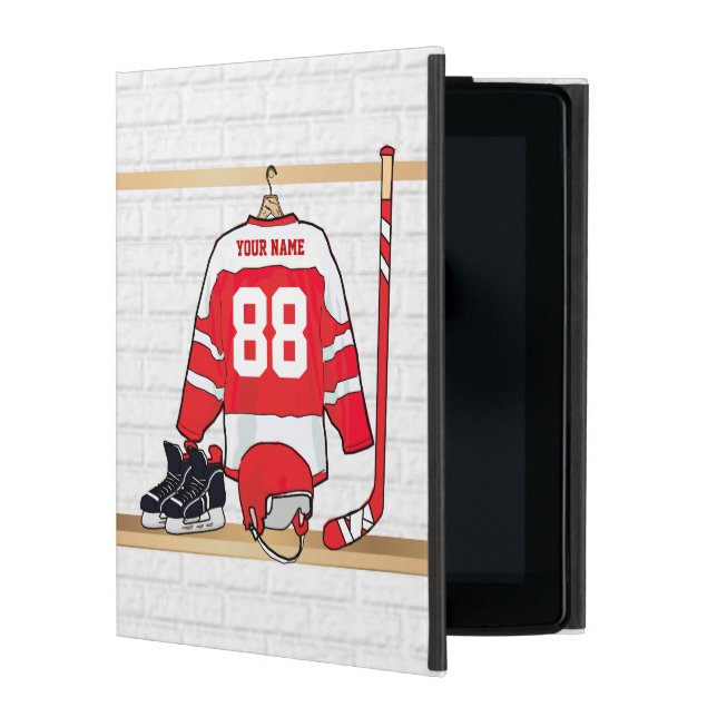 Personalized Red and White Ice Hockey Jersey iPad Case (Front)