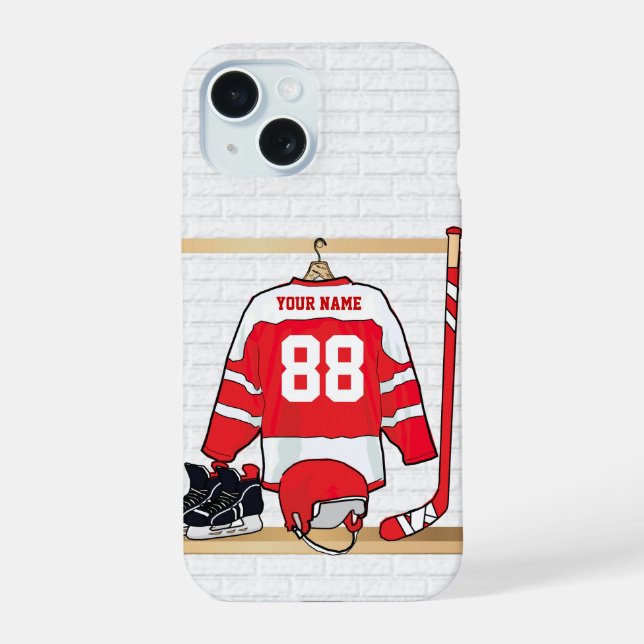 Personalized Red and White Ice Hockey Jersey iPhone 15 Case (Back)
