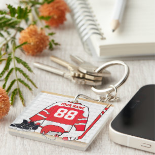 Personalized Red and White Ice Hockey Jersey Keychain