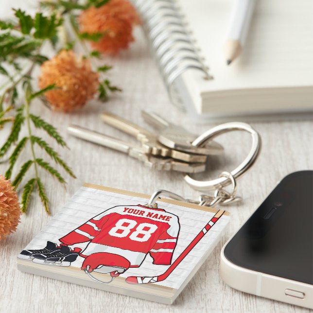Personalized Red and White Ice Hockey Jersey Keychain (Front Right)